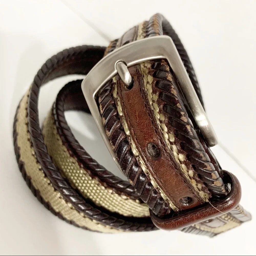 Ace Leather Belt Woven Sides Webbing Center Silver Toned Hardware Square Buckle